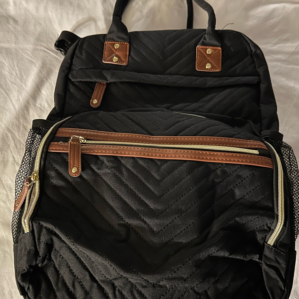 Black Quilted Diaper Backpack with Brown Accents